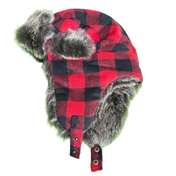 Sonoma Buffalo Plaid Trapper Hat Red Black Faux Fur Ear Flaps OS - Picture 4 of 7